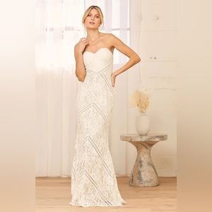 Lulus Promise My Heart White Lace Strapless Mermaid Maxi Dress